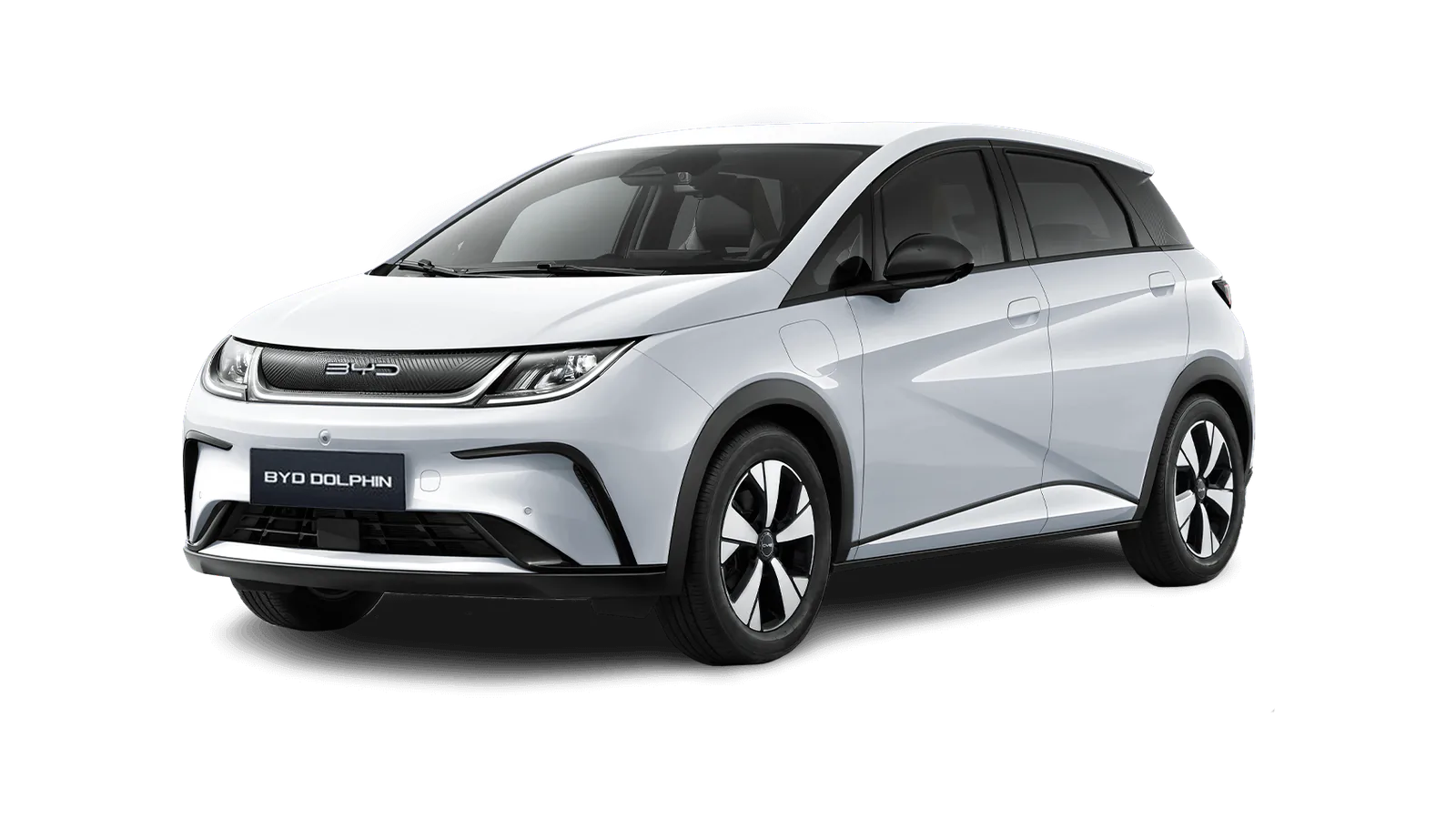 White BYD Dolphin, front three-quarter view