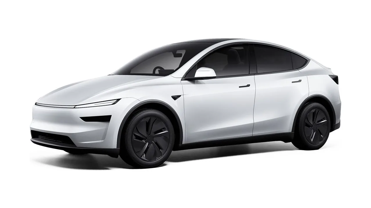 White Tesla Model Y, front three-quarter view